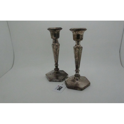 583 - A Pair of Hallmarked Silver Candlesticks, (marks rubbed - one apparently unmarked), possibly Birming... 