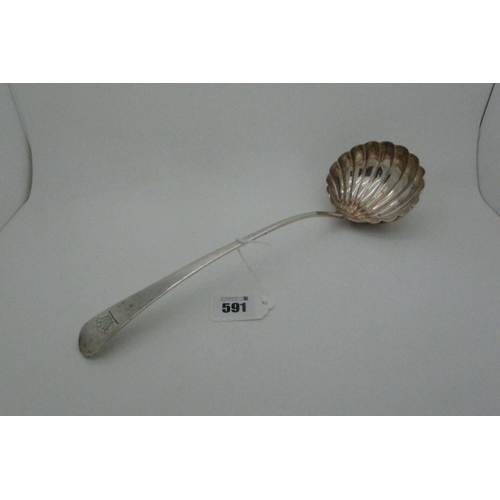 591 - A Decorative Hallmarked Silver Old English Pattern Ladle, WS, London 1785, with shell bowl, crested,... 