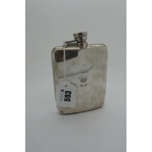 593 - A Hallmarked Silver Hip Flask, Goldsmiths & Silversmiths Co, London 1926, of plain rounded rectangul... 