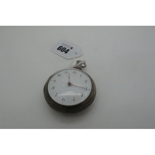 604 - A Hallmarked Silver Pair Case Pocketwatch, the white dial with black Arabic numerals, the movement w... 