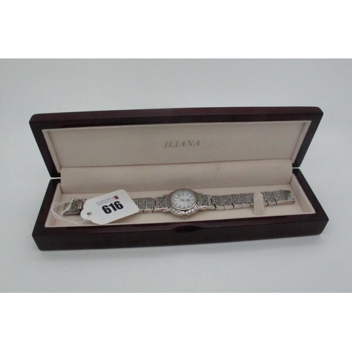 616 - EON 1962; A Modern Ladies Wristwatch, the signed mother of pearl dial with line markers, to integral... 