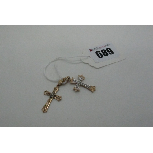 689 - Two Modern Decorative 9ct Gold Cross Pendants, with inset highlights (overall weight 3.5grams). (2)