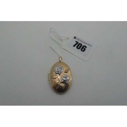 706 - A Modern 9ct Gold Oval Locket Pendant, detailed to the front in relief with rose spray (overall weig... 