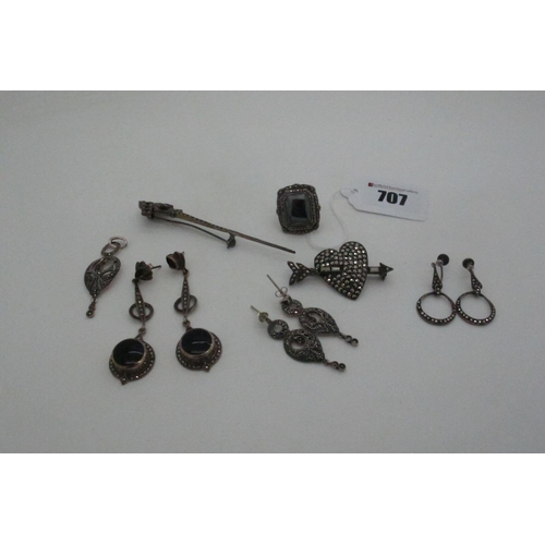 707 - Vintage and Later Marcasite Set Jewellery, including Art Deco style long drop earrings, stamped 