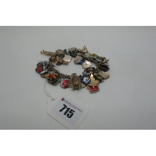 715 - A Curb Link Charm Bracelet, suspending numerous souvenir enamel shield charm pendants, etc.