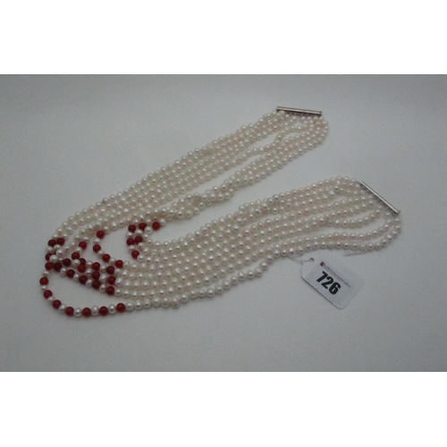 726 - A Modern Eight Row Fresh Water Pearl Bead Necklace, of graduated design with polished bead highlight... 