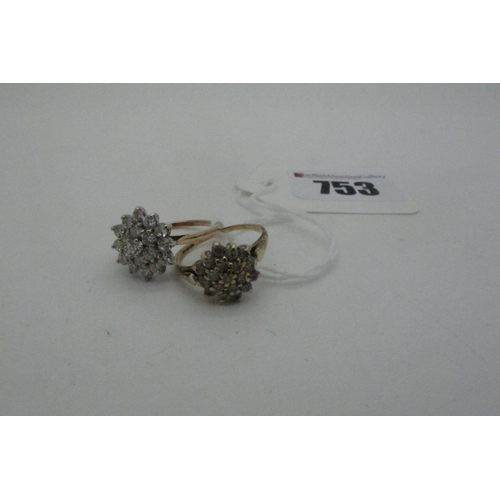 753 - Two 9ct Gold CZ Cluster Dress Rings, claw set (finger sizes M1/2 / N) (overall weight 4grams). (2)