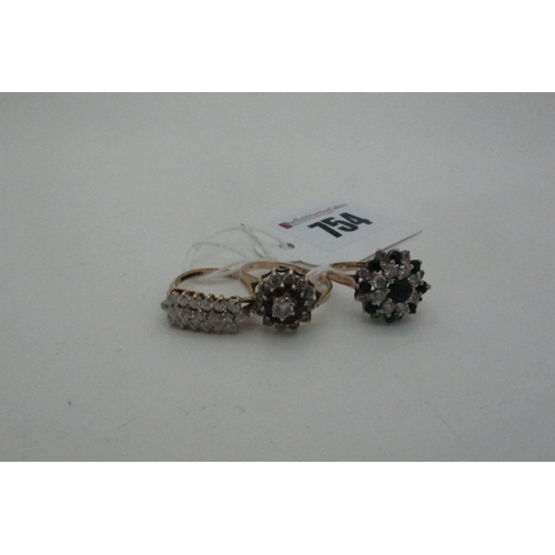 754 - Two 9ct Gold CZ Cluster Dress Rings, together with a 9ct gold three row cluster dress ring (finger s... 