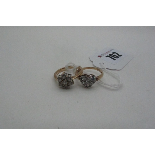 762 - A 9ct Gold Heart Shade Cluster Dress Ring, (finger size N); together with a modern cluster dress rin... 