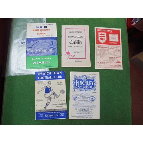 309 - Bishop Auckland Away Programmes 1954 - 5 at Kingstonian, Finchley, both Amateur Cup, and Semi at Don... 