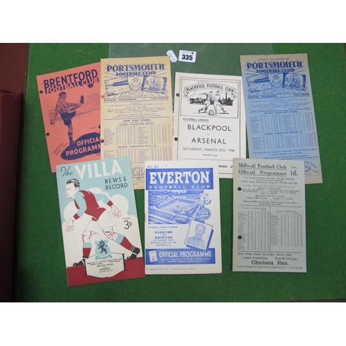 335 - Arsenal Away Programmes, 1945-6 at Millwall, 1946-7 at Brentford, Portsmouth, 47-8 at Blackpool (all... 