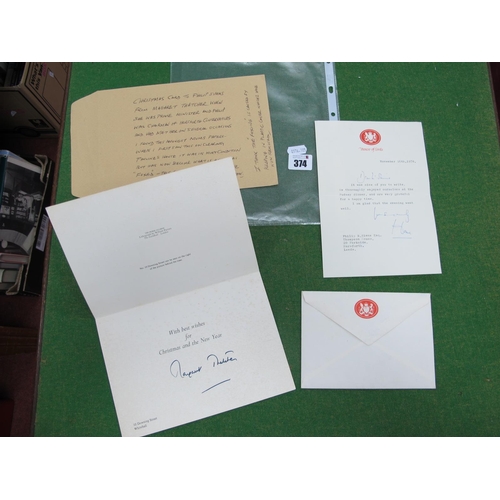 374 - Margaret Thatcher Signed Christmas Card. Alec Douglas Home autograph in a letter on House of Lords n... 