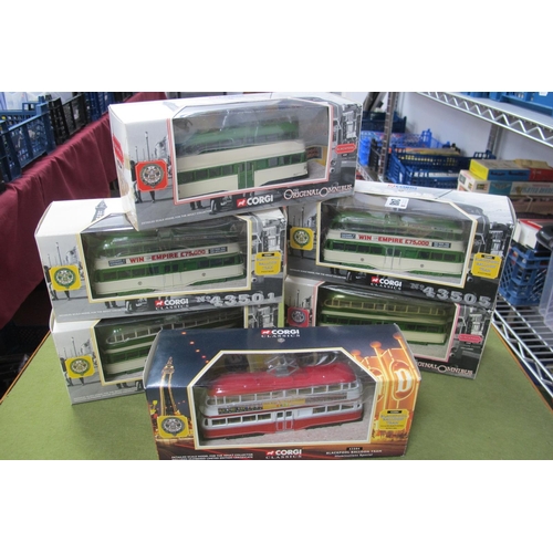 248 - Six Corgi Diecast Model Blackpool Balloon Trams, including #43506 1934 livery, #43505 Post War, boxe... 