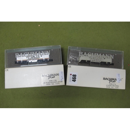 468 - Two Bachmann 'N' Gauge EMD F7 Locomotives, Ref No 11251 F7A undecorated and Ref No 11275 F7B Santa F... 