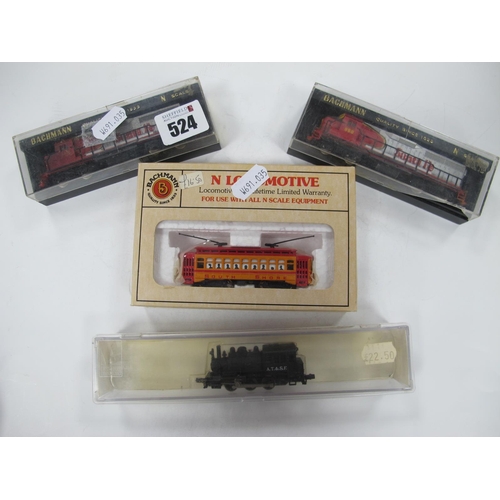 524 - Two Bachmann 'N' Gauge Cased U.S.A Outline GP-40 Santa Fe Diesel Locomotives R/No 890, plus a Atlas ... 