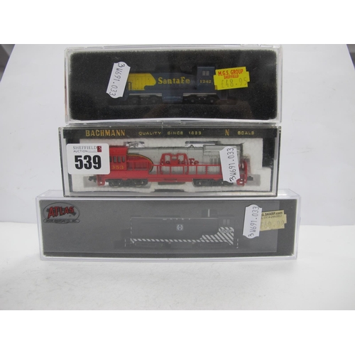 539 - Three 'N' Gauge U.S.A Outline Cased Diesel Locomotives, Con-Cor Ref No 5001, A.T.S,F shunter/cow R/N... 