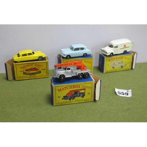 559 - Four Boxed Matchbox 1-75 Series Diecast Model Vehicles, comprising of #14 Bedford Lomas Ambulance, w... 