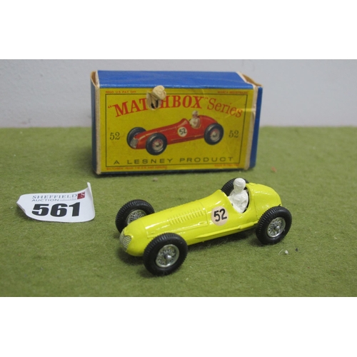 561 - A Boxed Matchbox 1-75 No 52 1948 Maserati 4CLT, Racing Number 52, lemon body, with wheels, black bas... 