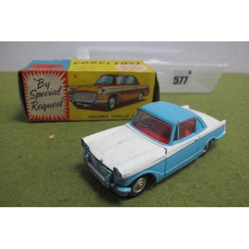 577 - A Boxed Corgi Toys No. 231 Diecast Model Triumph Herald Coupe, mid blue top/bottom, white centre, ch... 