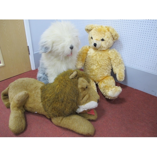 107 - Three Large Plush Soft Toys, old English sheepdog, teddy bear with growler function and a lion, no o... 