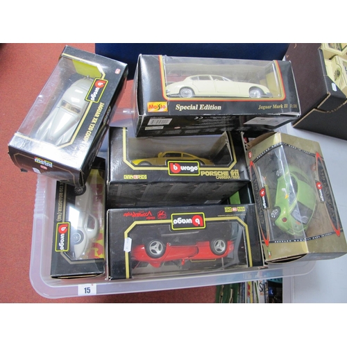 15 - Seven Boxed 1:18th/1;24th Scale Diecast Model Vehicles, by Burago, Corgi, Maisto, including Burago 1... 