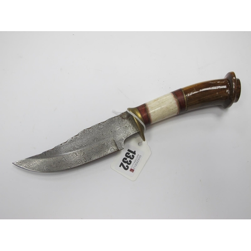 1332 - A Bowie Style Knife, Damascus steel, bone and hardwood handle, 27cm long.