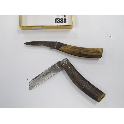 1338 - Saynor Brass Flat Bottomed Knife, and stag handled (damaged) knife. (2)