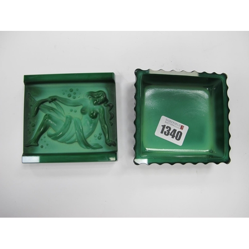 1340 - An Art Deco Green Glass Trinket Box, featuring scantily clad maiden to lid, on ribbed base, 9.5 x 9c... 