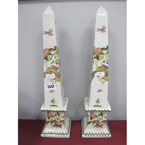 1347 - Oriental - Pair of Pottery Obelisks, decorated with birds amongst foliage, 42cm high.