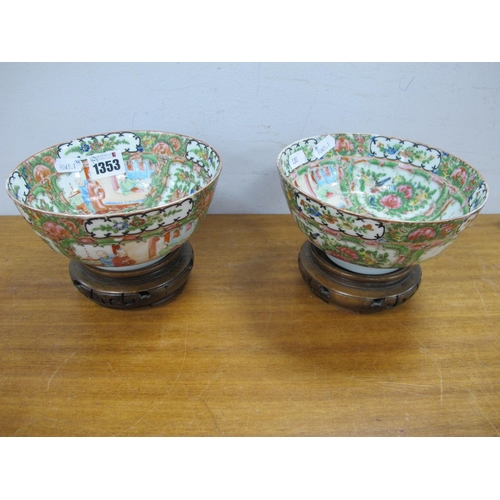 1353 - A Pair of Chinese Cantonese Porcelain Bowls, on hardwood stands, 7.5cm high. (2)