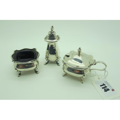 114 - A Hallmarked Silver Three Piece Cruet Set, (marks rubbed) of shaped design, on pad feet. (3)