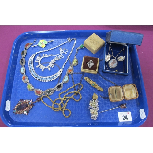24 - Vintage and Later Costume Jewellery, including shell carved cameo style pendant and earrings, blue a... 