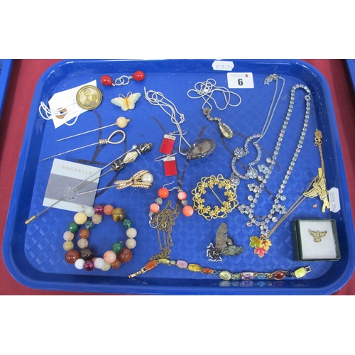 6 - Vintage Coloured Diamanté Necklaces, antique style drop pendant stamped 