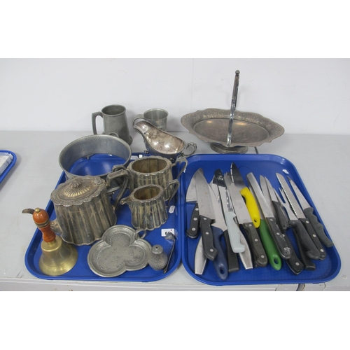 66 - Assorted EPNS and Pewter Pieces, including a quantity of kitchen knives, etc :- Two Trays