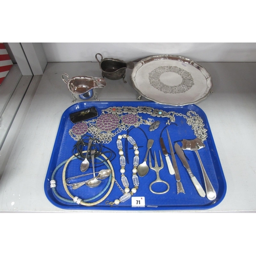 71 - A Mappin & Webb Plated Salver, plated sauce boats, arrow letter opener, decorative ladies belts, mar... 