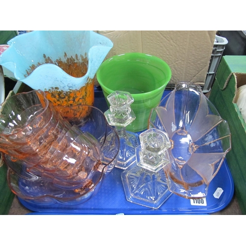 1100 - A Green Glass Bucket Vase, 16.5cm diameter, mottled vase with wavy rim, fruit set, etc:- One Tray.