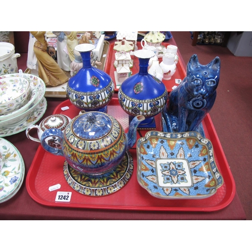 1242 - A Pair of Fenton 'Luxor' Vases, Egyptian style blue pottery cat, Grimwades Byzanta ware teapot and s... 