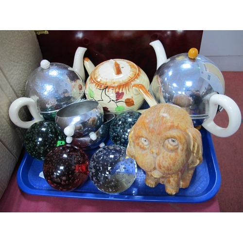 1308 - Heatmaster Chrome Covered Tea Ware, 1930's teapot and Perky Pup, glass paperweights:- One Tray