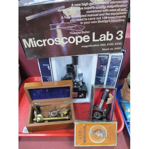 1388 - Thomas Salter Microscope Lab 3, (boxed) Octopus microscope and a wooden cased travel microscope:- On... 