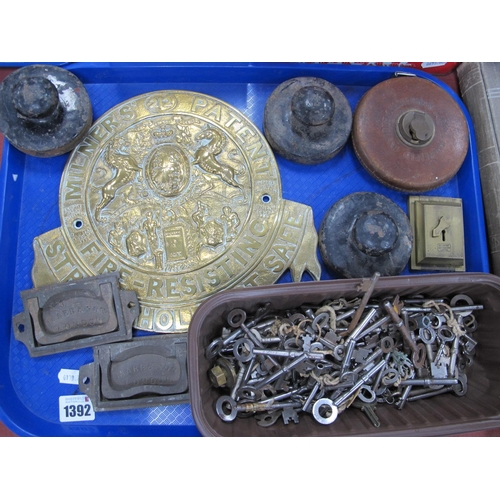 1392 - A Large Cast Brass Milners Patent Safe Plate, Chesterman tape, three cast iron weights, pair of Marr... 