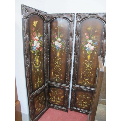 1633 - A Thee Panelled Folding Screen, studded and leatherette, painted with foliage, 180cm high.