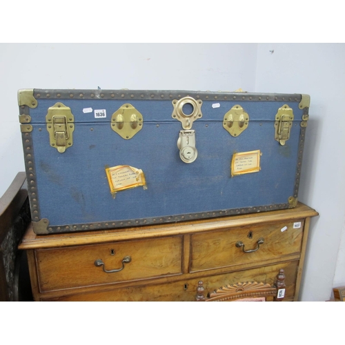 1636 - A Substantial Early XX Century Blue and Black Steamer/Travel Trunk, 90cm wide, 51cm deep, 42cm high.