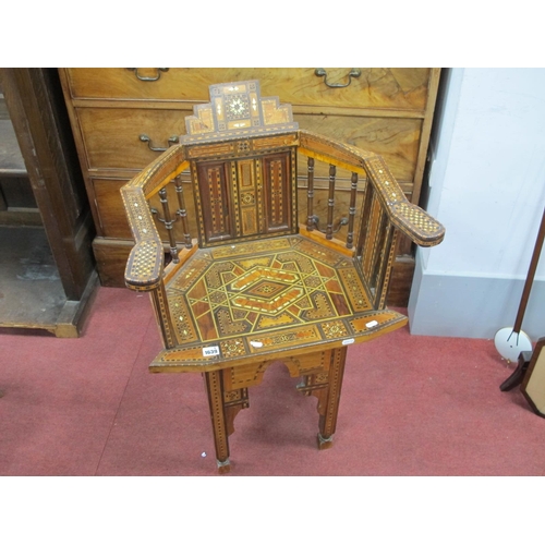 1639 - Indian Parlour Chair, with heavy marquetry inlay of mother of pearl and varying woods, spindle suppo... 