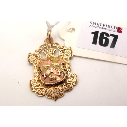 167 - A 9ct Gold Medallion Pendant, detailed with the Huddersfield Coat of Arms, highlighted in enamel (lo... 