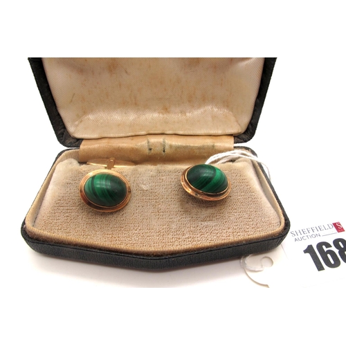 168 - A Pair of Malachite Cufflinks, oval cabochon collet set, o plain swivel back, stamped 