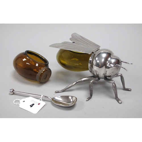 4 - A Mappin & Webb Plated Mounted Glass Novelty Bee Honey Pot, W11518, with amber colour glass body, co... 