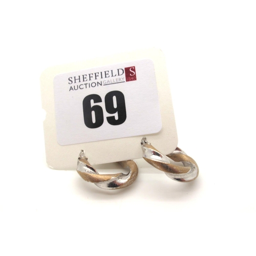 69 - A Pair of Modern Two Colour Dainty Hoop Earrings, of twisted design, stamped 