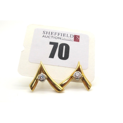 70 - A Pair of Modern 18ct Gold Single Stone Diamond Set Earrings, of abstract design, collet set with a ... 