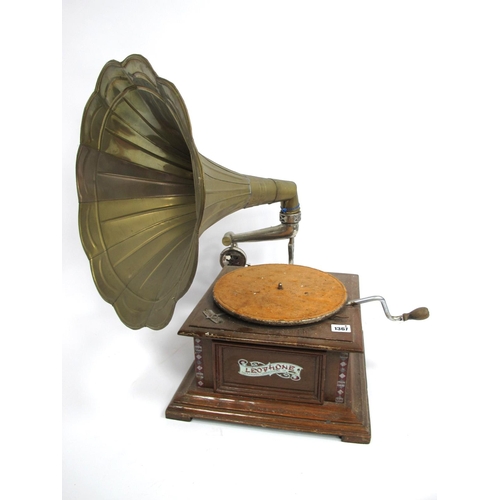 1367 - An Early XX Century Leophone Brass Horn Gramophone, with winding handle, upon a stepped square base,... 