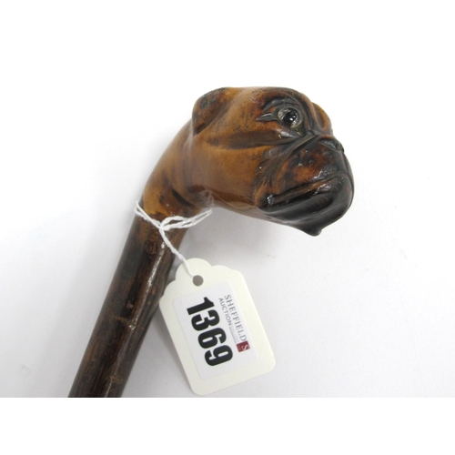 1369 - A Late XIX Century Wooden Walking Stick, the pommel carved as a pug's head with glass eyes, 88cm lon... 